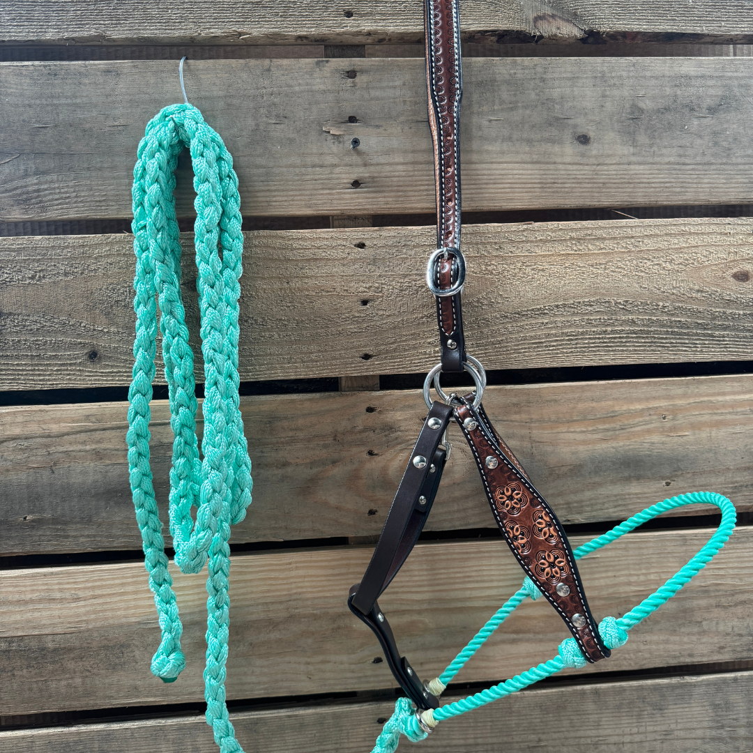 Turquoise Flower Power Tooled Lariat & Leather Combo Halter