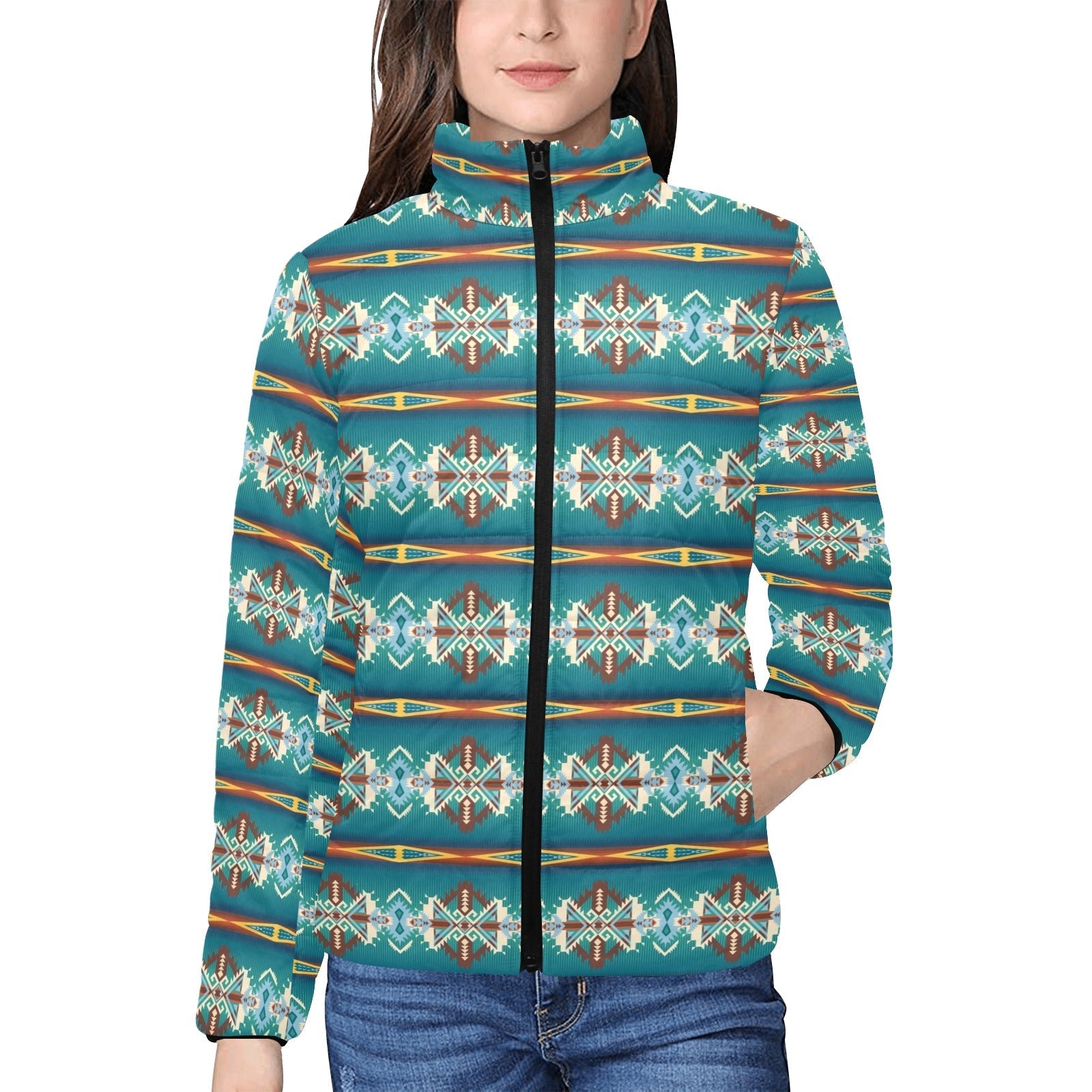 Teal Aztec Women's Puffy Bomber Jacket by Baha Ranch Western Wear