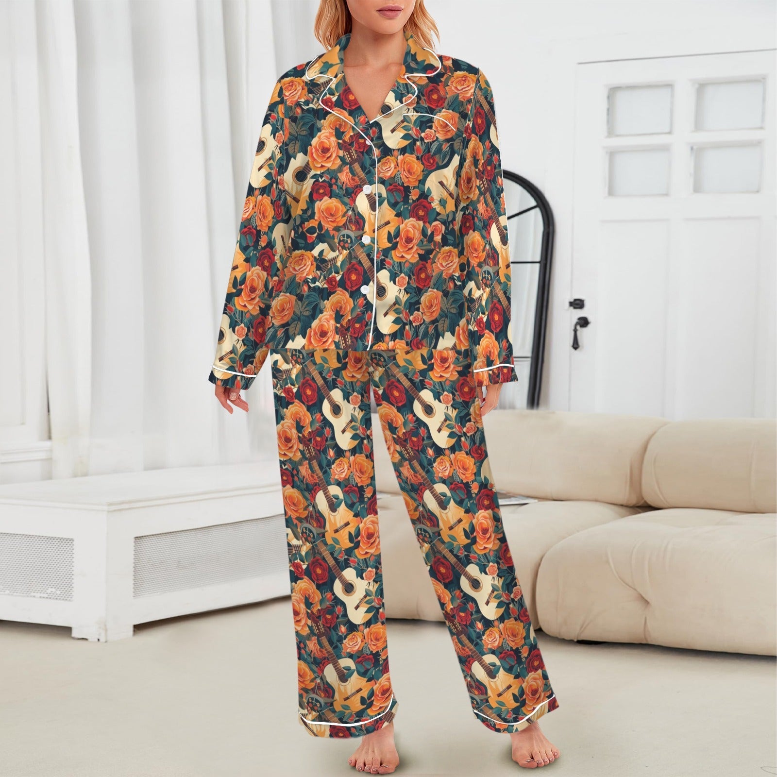 Baha Ranch Colores De Mexico Roses & Guitars Satin Pajamas by Baha Ranch Western Wear