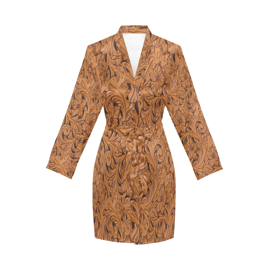 Baha Ranch Tooled Leather Print Bronc Women's Long Sleeve Belted Satin Feel Dressing Lounge Robe by Baha Ranch Western...