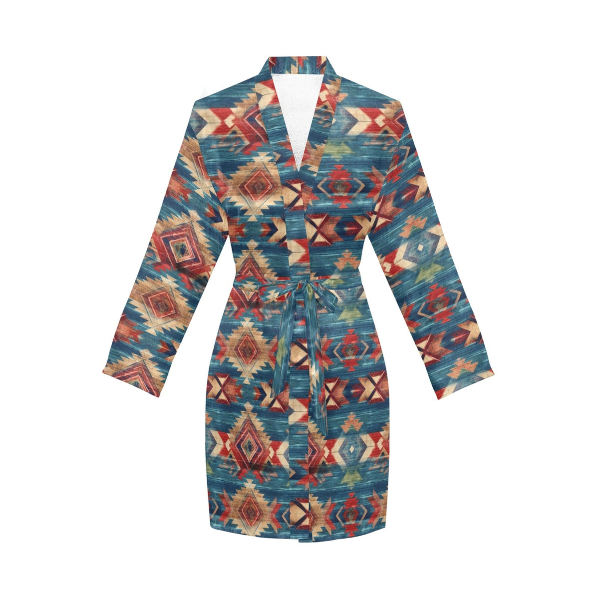 Baha Ranch Blue Aztec Women's Long Sleeve Belted Satin Feel Dressing Lounge Robe