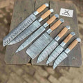 Hand Forged 7-Piece Damascus Chef Knife Set — Natural Wood Handles