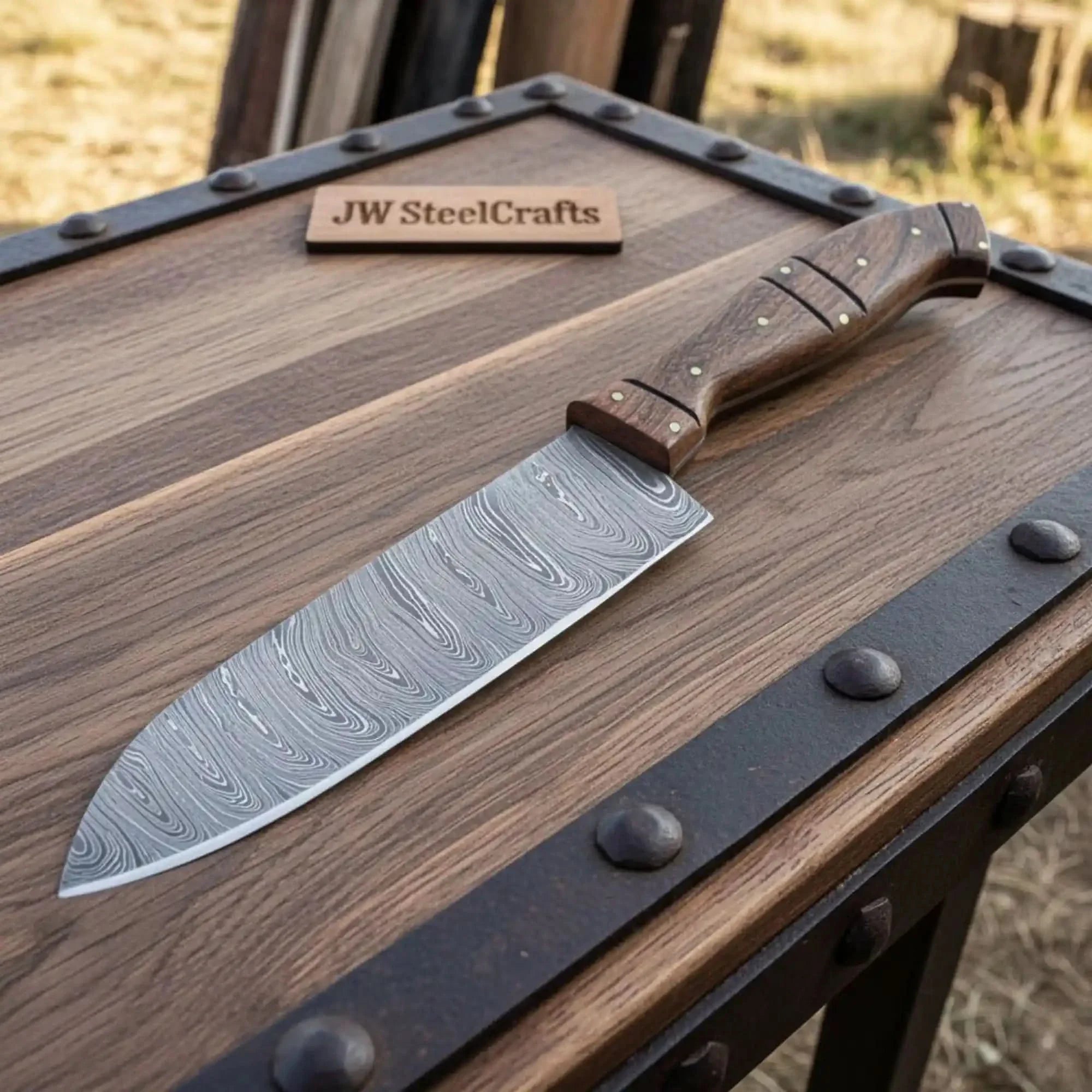 7-Piece Damascus Kitchen Knife Set — Bread, Nakiri, Chef, Santoku, Utility, Boning & Paring with Rosewood Handles & Wood Spacer