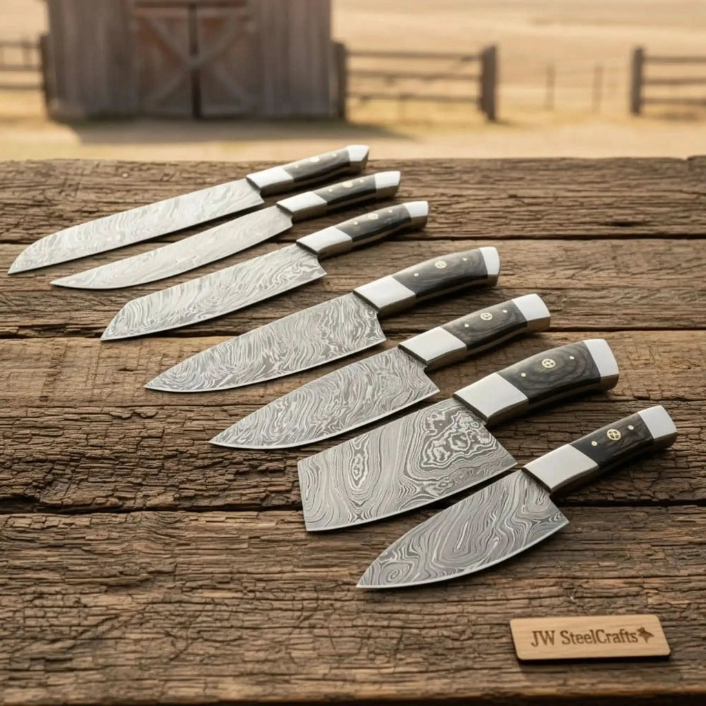 7-Piece Damascus Kitchen Knife Set — Chef, Santoku, Nakiri, Cleaver, Slicing, Utility & Paring