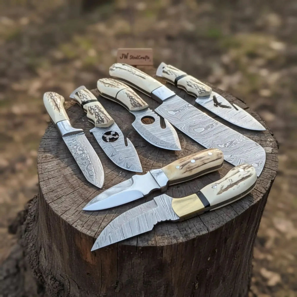 7 Piece Damascus Steel Knife Set with Synthetic Antler Handles