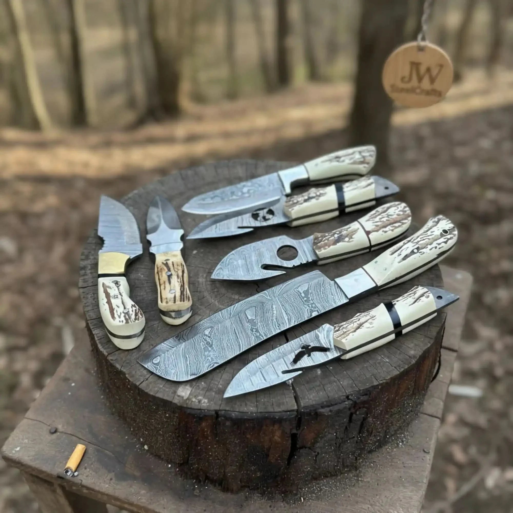 7 Piece Damascus Steel Knife Set with Synthetic Antler Handles