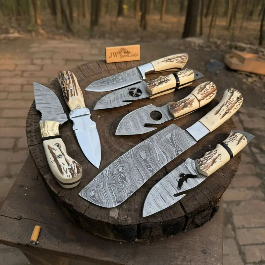 7 Piece Damascus Steel Knife Set with Synthetic Antler Handles