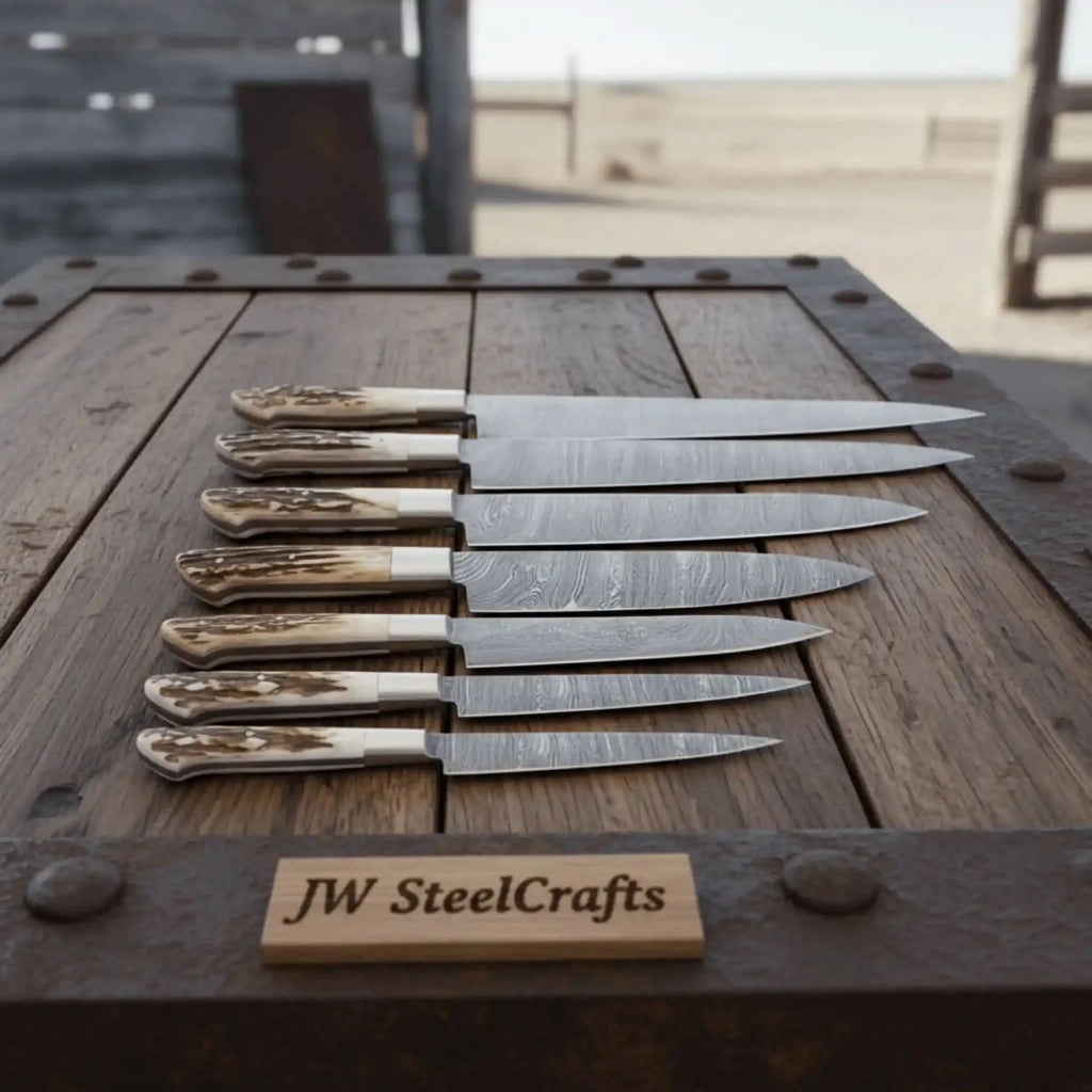 7-Piece Damascus Kitchen Knife Set — Synthetic Stag Horn Handles, Brass Bolsters & Full Tang Forged Blades