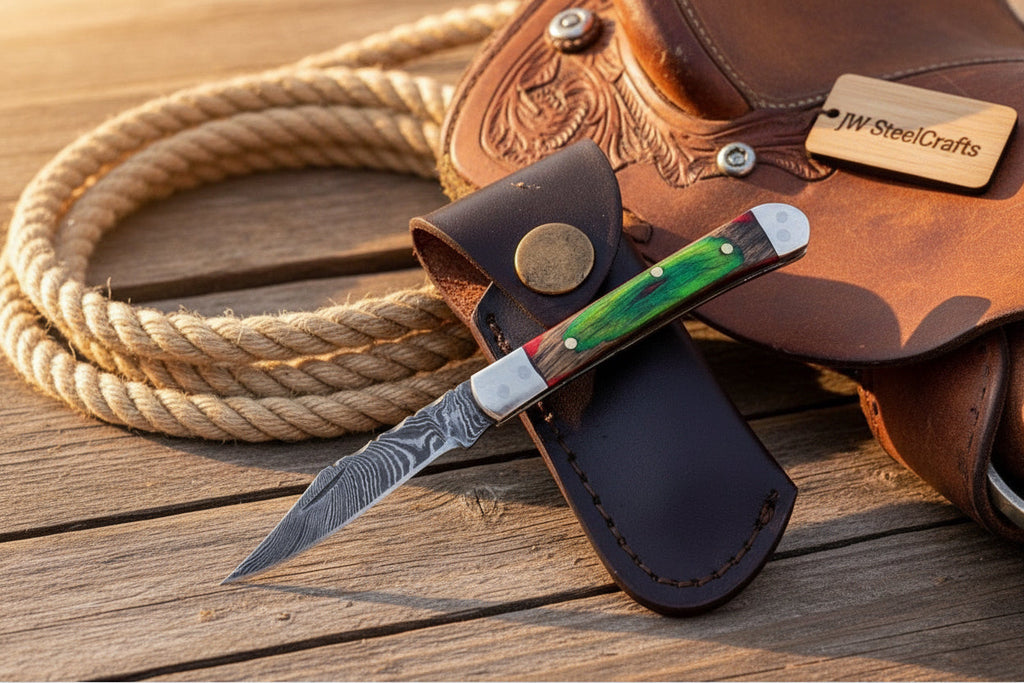 Forest Green Trail Trapper Knife Pakka Wood Damascus Steel folding Trapper Knife