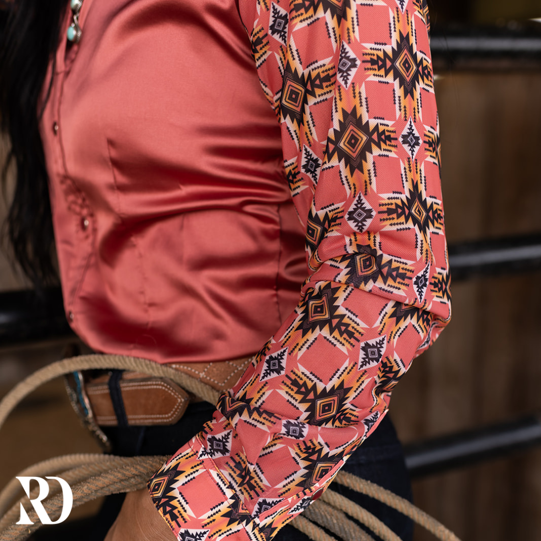 Pecos Peach Satin Mesh Performance Rodeo Shirt — view 3