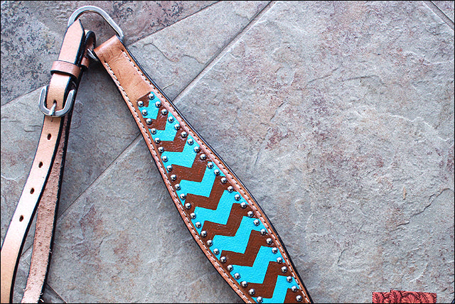 HILASON Western Horse Genuine Leather Headstall & Breast Collar Set Turquoise & Brown Zigzag
