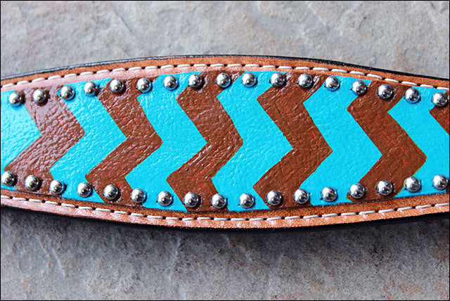 HILASON Western Horse Genuine Leather Headstall & Breast Collar Set Turquoise & Brown Zigzag