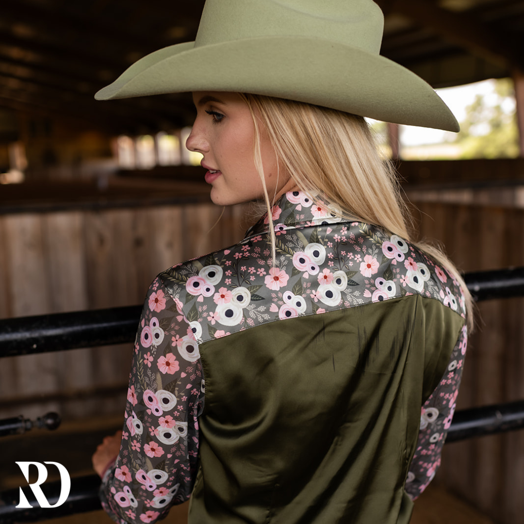 Poppy Sage Satin Mesh Performance Rodeo Shirt — view 2
