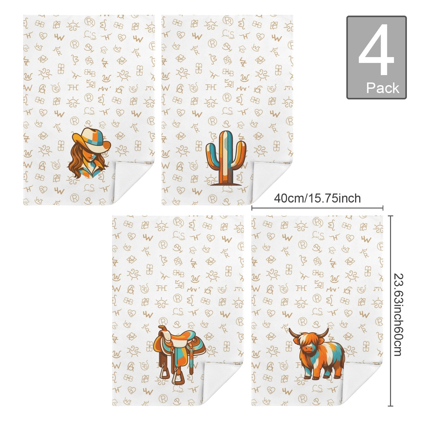 Baha Ranch Set of 4 Minimalistic Western Highland Cow Cattle Brands Kitchen Towels Made in America by Baha Ranch Western...