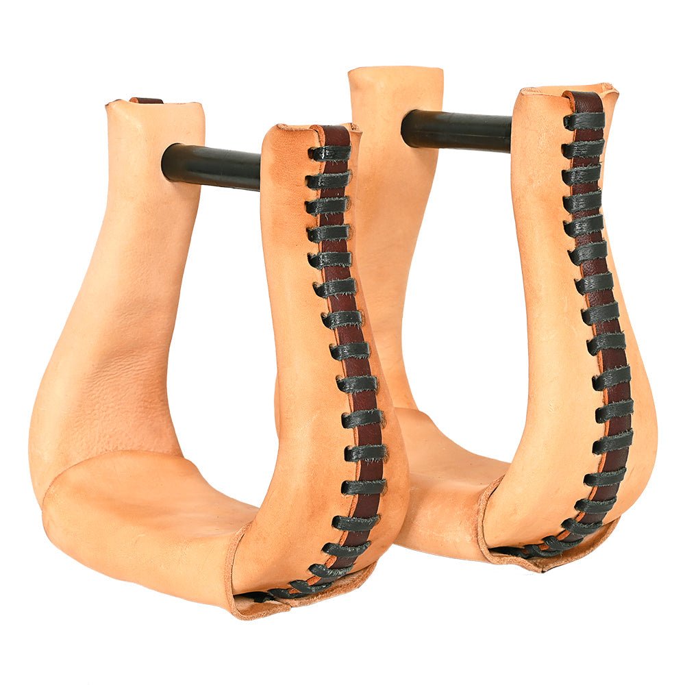 HILASON Western Saddle Bell Oil Leather Horse Saddle Stirrups Neck 3-Inch | Western Saddle Stirrups | Leather Horse Stirrups  | Trail Riding Stirrups | Laced Leather Stirrups