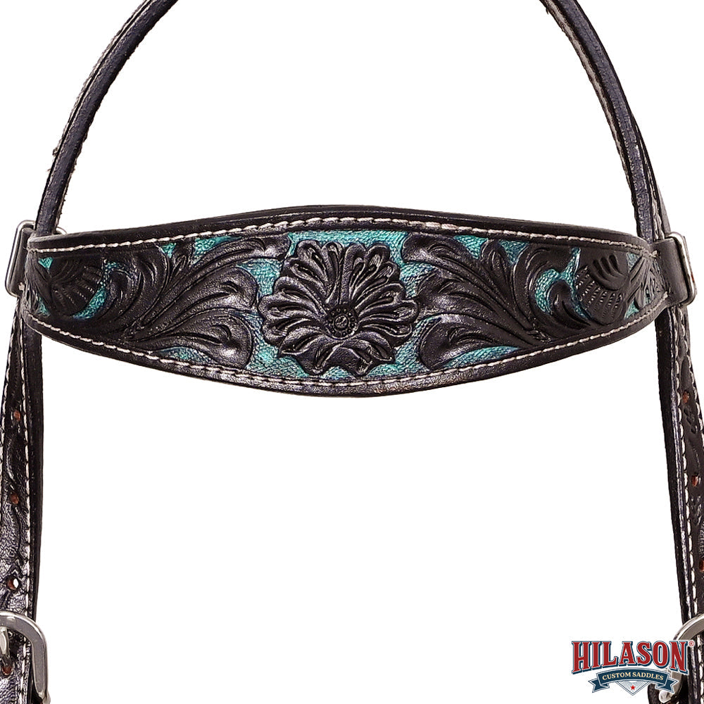 Western Horse Headstall & Breast Collar Tack American Leather Black Turquoise Hilason