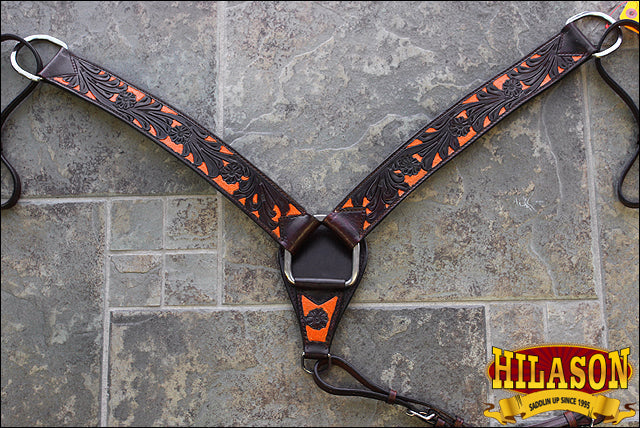 Hilason Western Horse Headstall & Breast Collar American Leather Orange Hand Paint