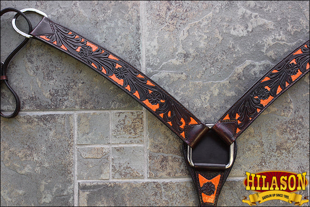 Hilason Western Horse Headstall & Breast Collar American Leather Orange Hand Paint