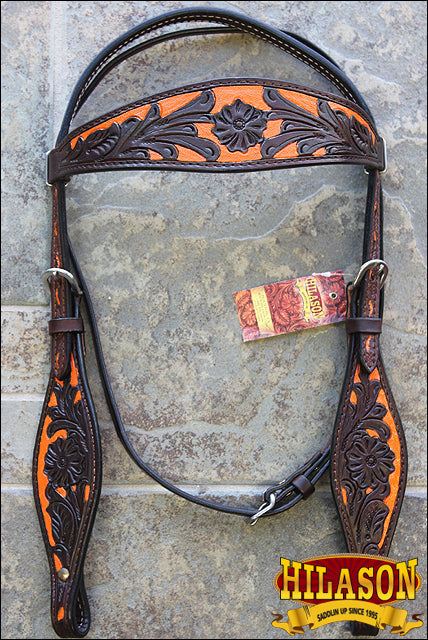 Hilason Western Horse Headstall & Breast Collar American Leather Orange Hand Paint