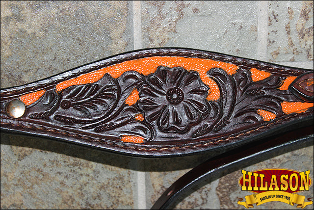 Hilason Western Horse Headstall & Breast Collar American Leather Orange Hand Paint