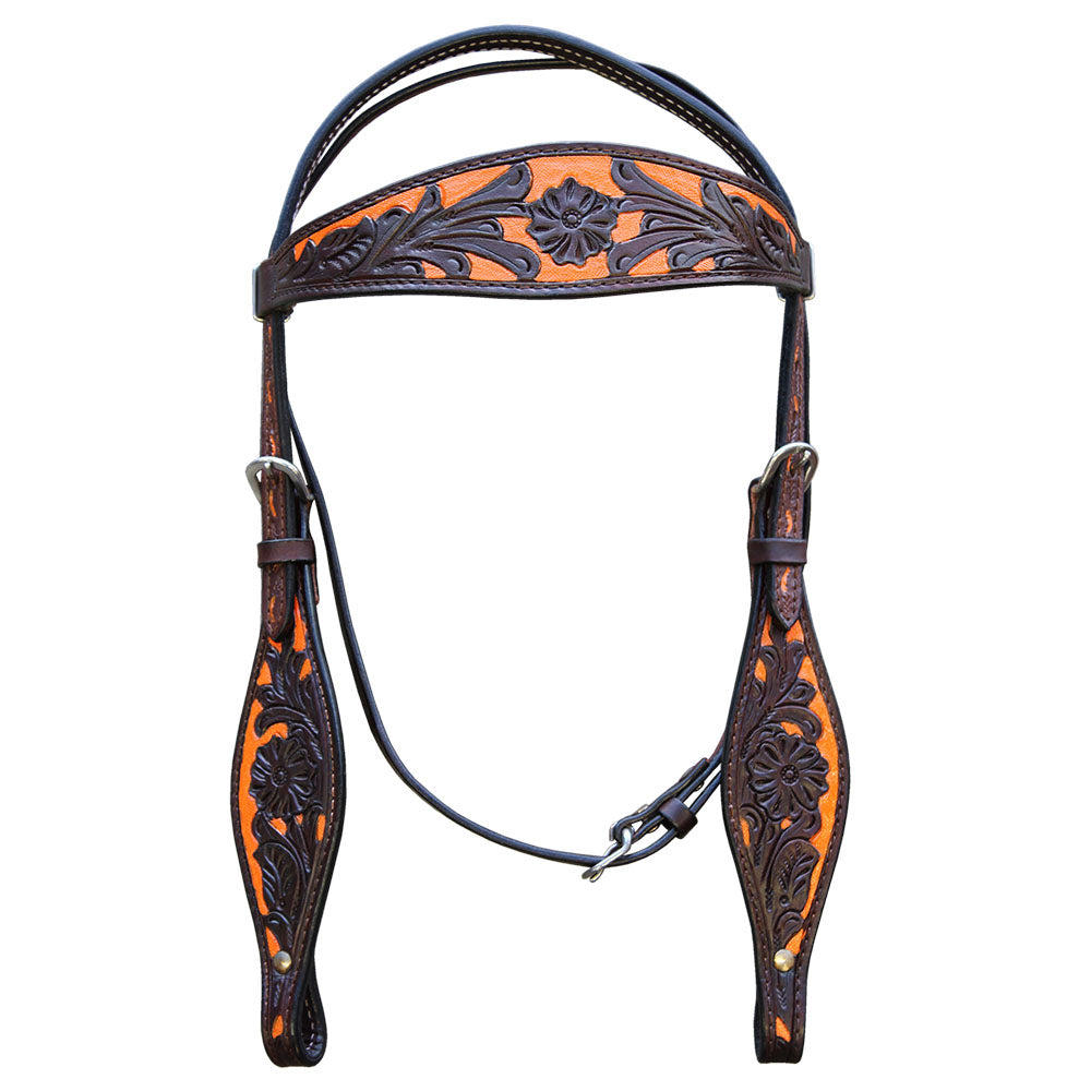 Hilason Western Horse Headstall & Breast Collar American Leather Orange Hand Paint