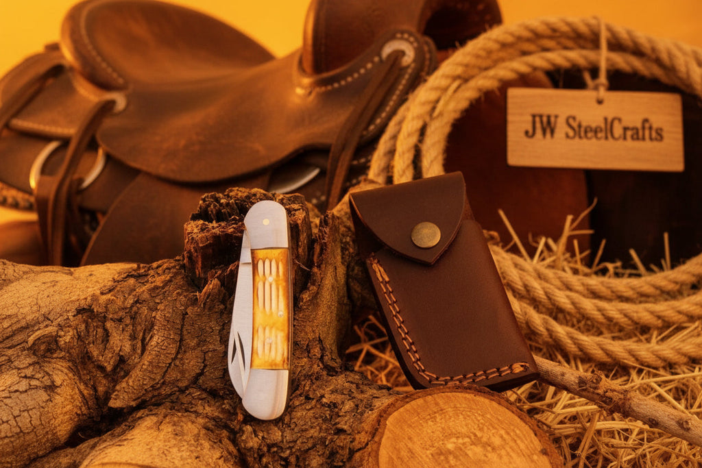 Double Blade Trapper Knife with Bone Handle, Folding Pocket Knife