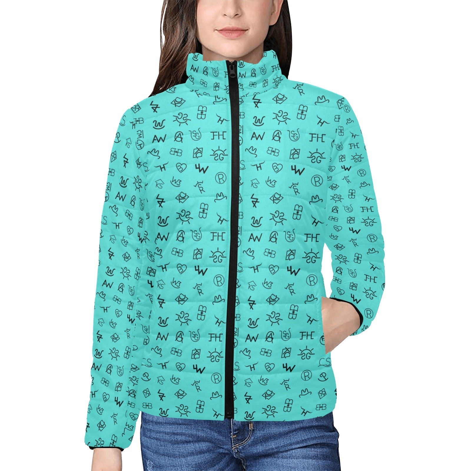 Turquoise Cattle Brands Women's Puffy Bomber Jacket by Baha Ranch Western Wear
