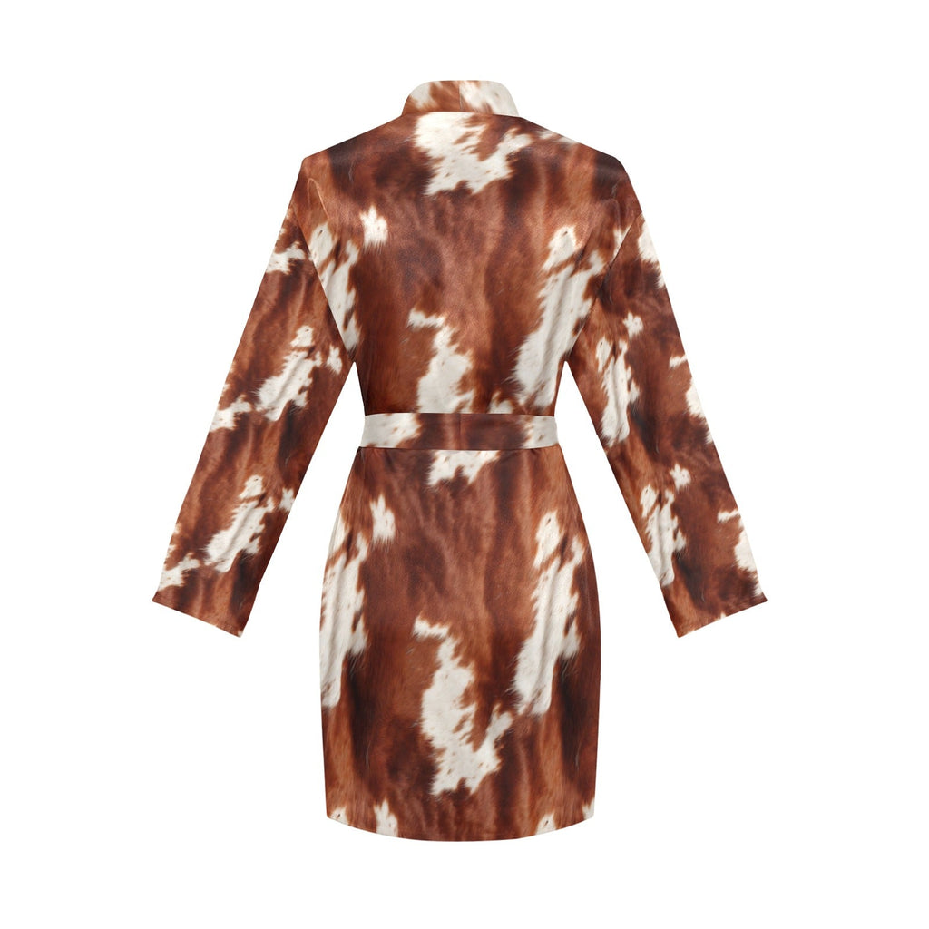 Baha Ranch Brown Cow Print Women's Long Sleeve Belted Satin Feel Dressing Lounge Robe by Baha Ranch Western Wear -...
