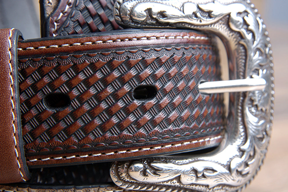 42" Roper Mens Basketweave Top Grain Leather Belt Bark Design 1 1/2" Wide Brown