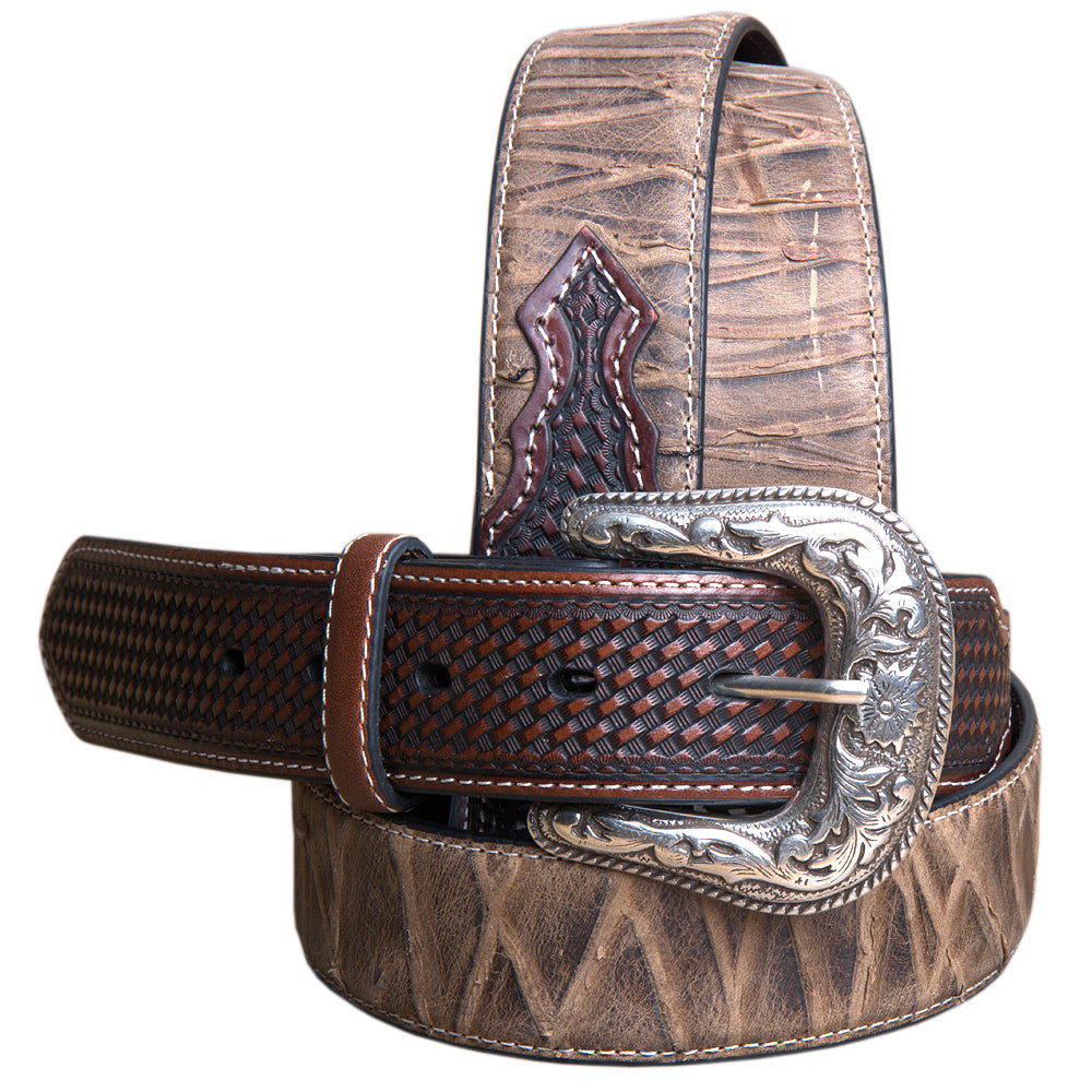 40" Roper Mens Basketweave Top Grain Leather Belt Bark Design 1 1/2" Wide Brown