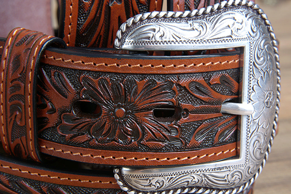 44" Roper Mens Tan Hand Tooled Floral Design Belt With Silver Buckle