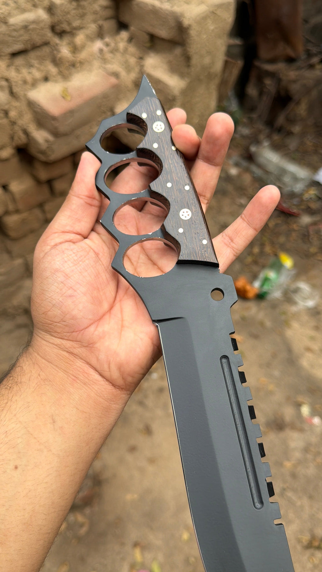 Knuckle Handle Tactical Knife Acid Etched Drop Point Fixed Blade