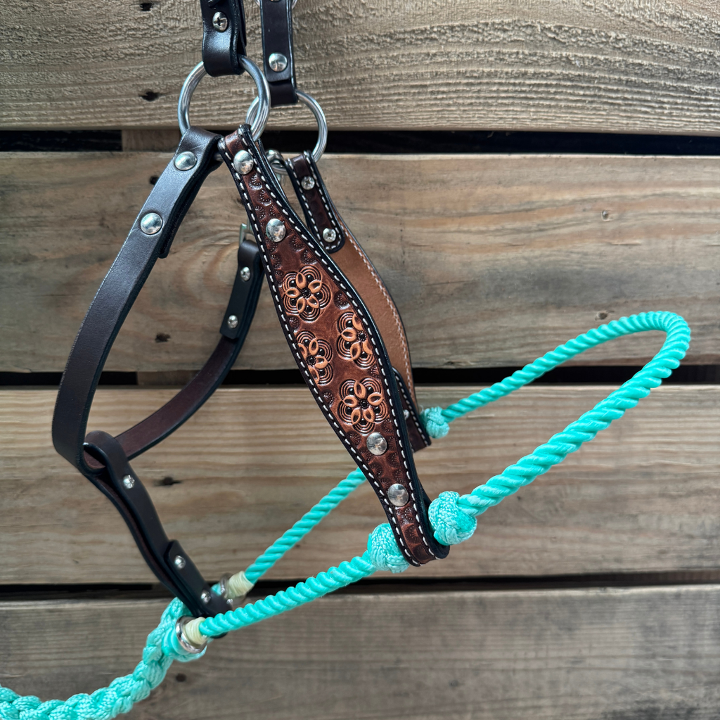 Turquoise Flower Power Tooled Lariat & Leather Combo Halter — view 2