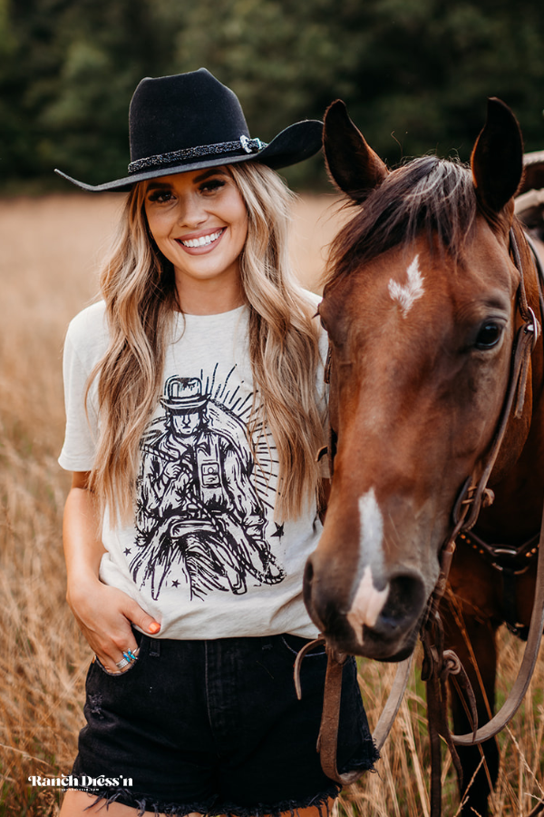 Let's Go Cowboy- Heather Natural Tee