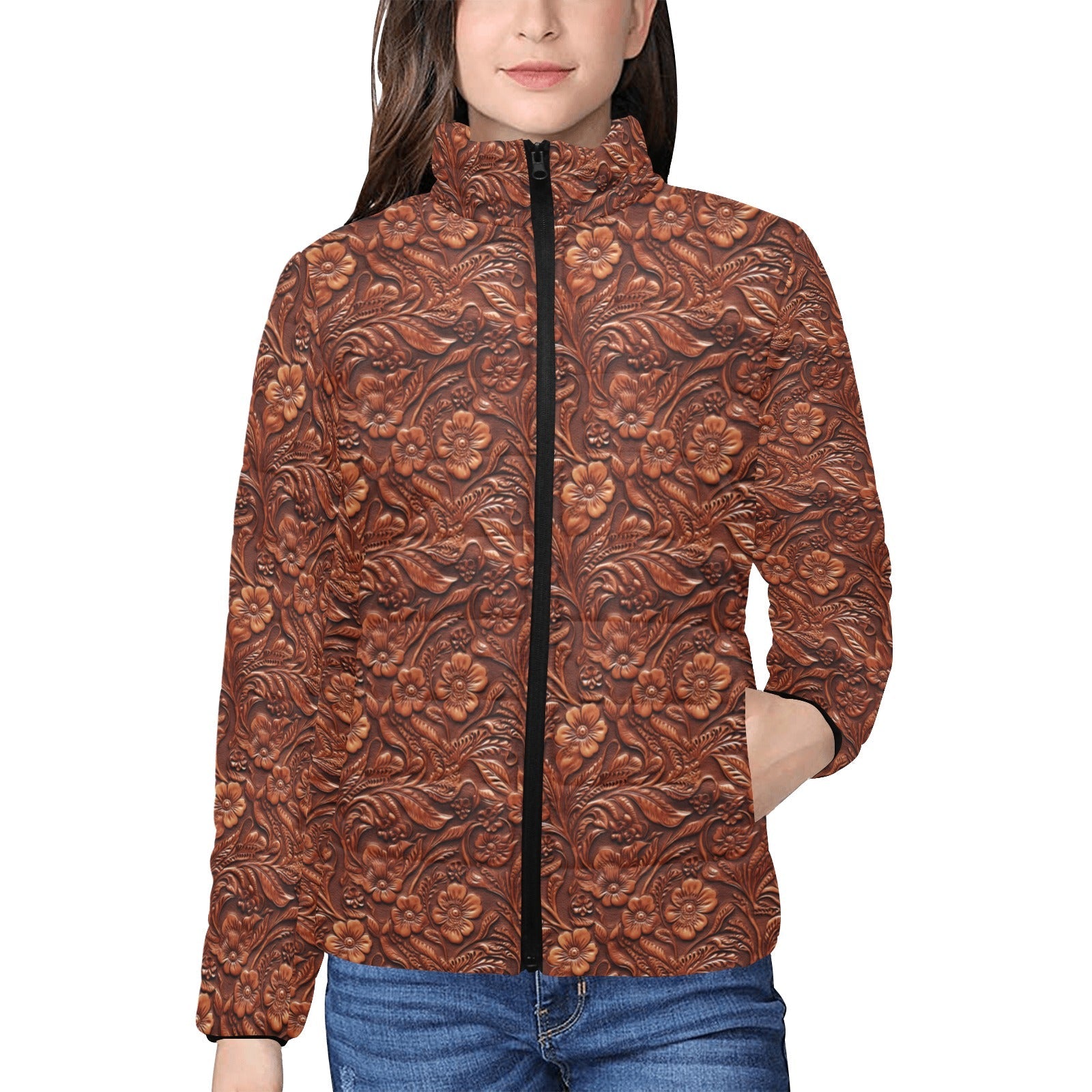 Tooled Leather Print Puffy Bomber Jacket by Baha Ranch Western Wear