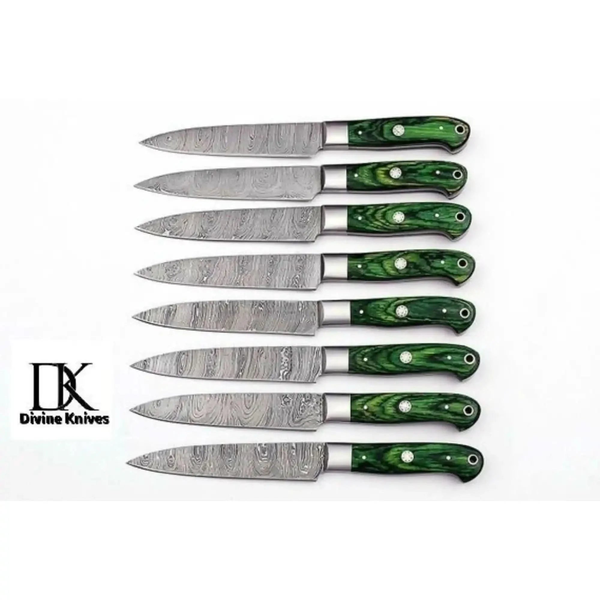 8-Piece Damascus Steak Knife — Twisted Damascus Blades, Green Pakka Wood Handles