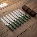 Damascus Steak Knife Set, Full Tang Serrated Knives, Green Pakka wood Handle, Precision Slicing