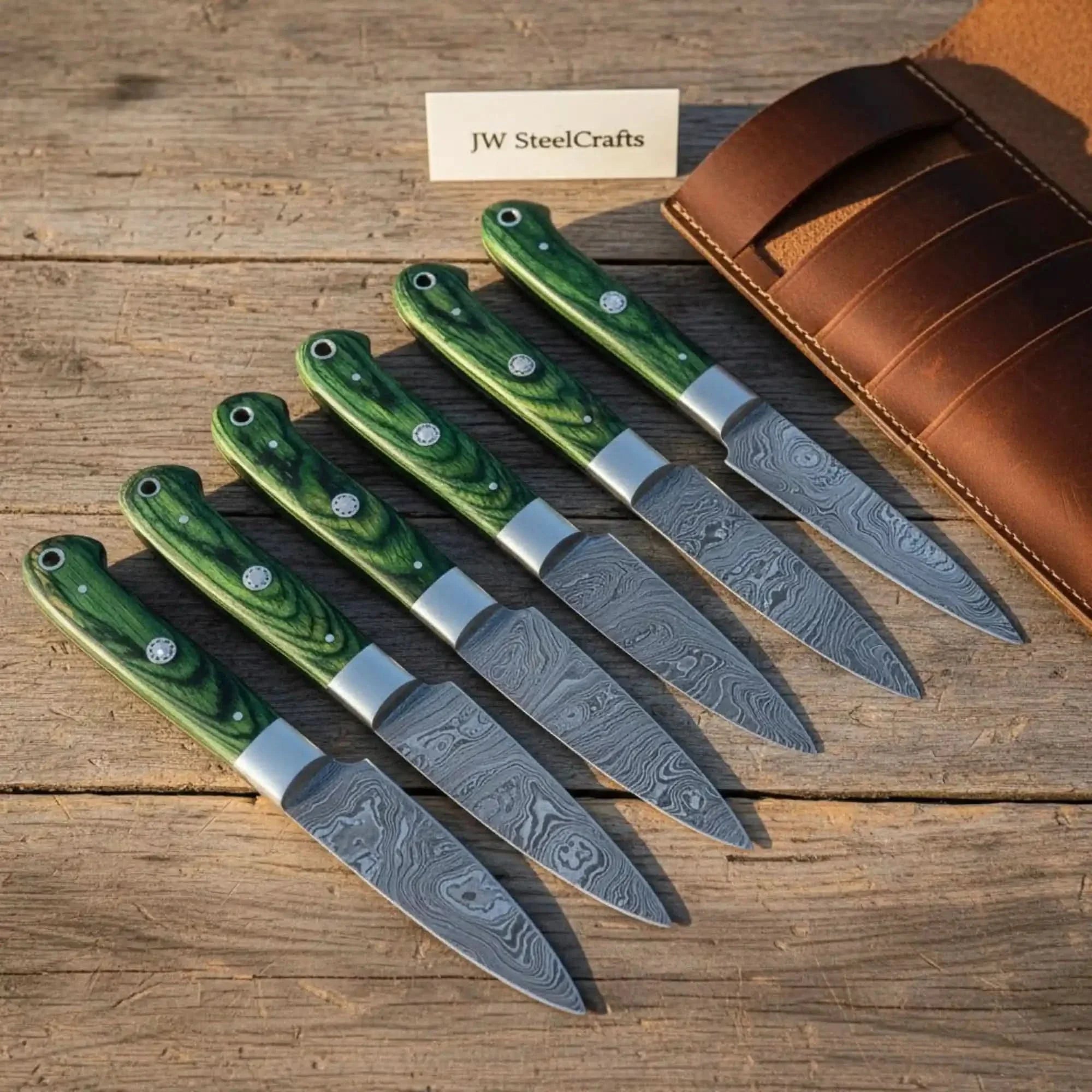 Damascus Steak Knife Set, Full Tang Serrated Knives, Green Pakka wood Handle, Precision Slicing