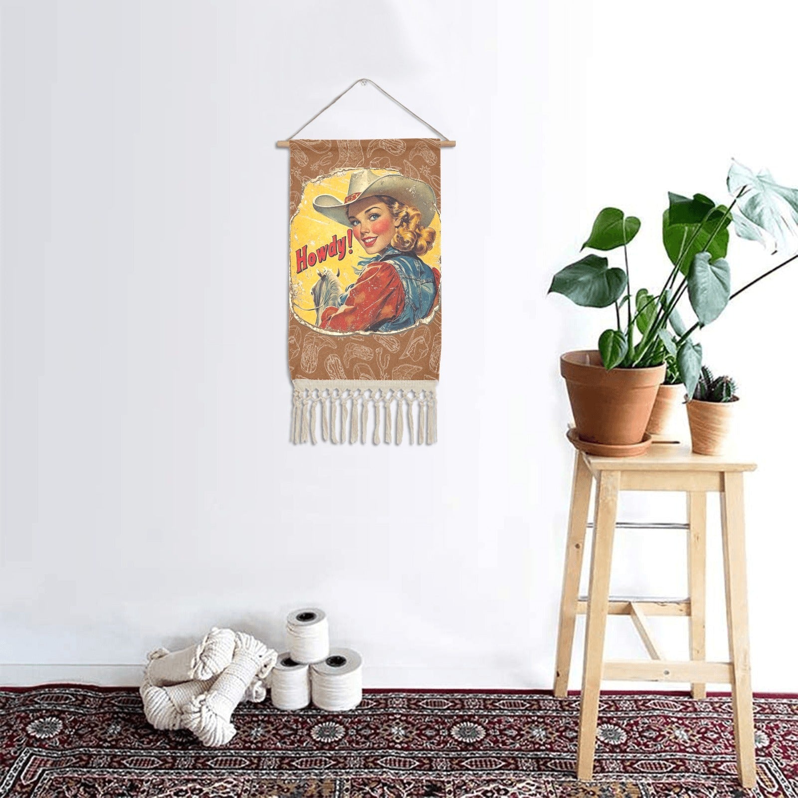 Baha Ranch Howdy Vintage Cowgirl Western Wall Decor Linen Hanging Poster with Fringe Made in America by Baha Ranch...