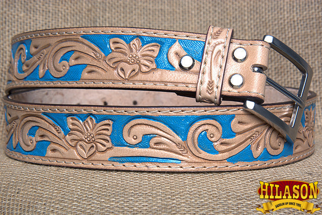 Unisex Western Full-Grain Leather Belt With Floral Tooled Design For Everyday Wear