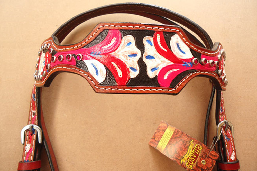 Hilason Western Horse Headstall American Leather Tan w/ Floral