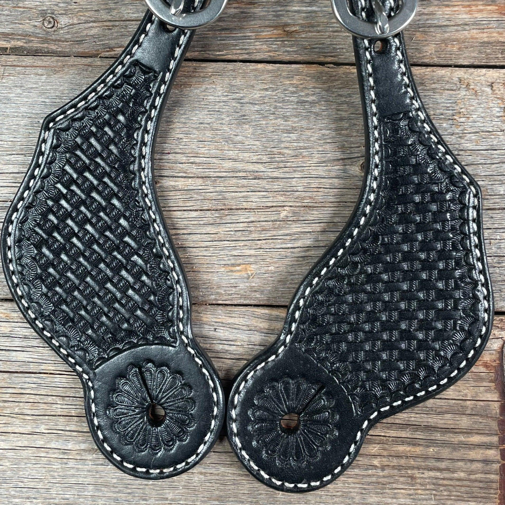 Black Genuine Leather Basketweave Tooled Spur Straps — view 2