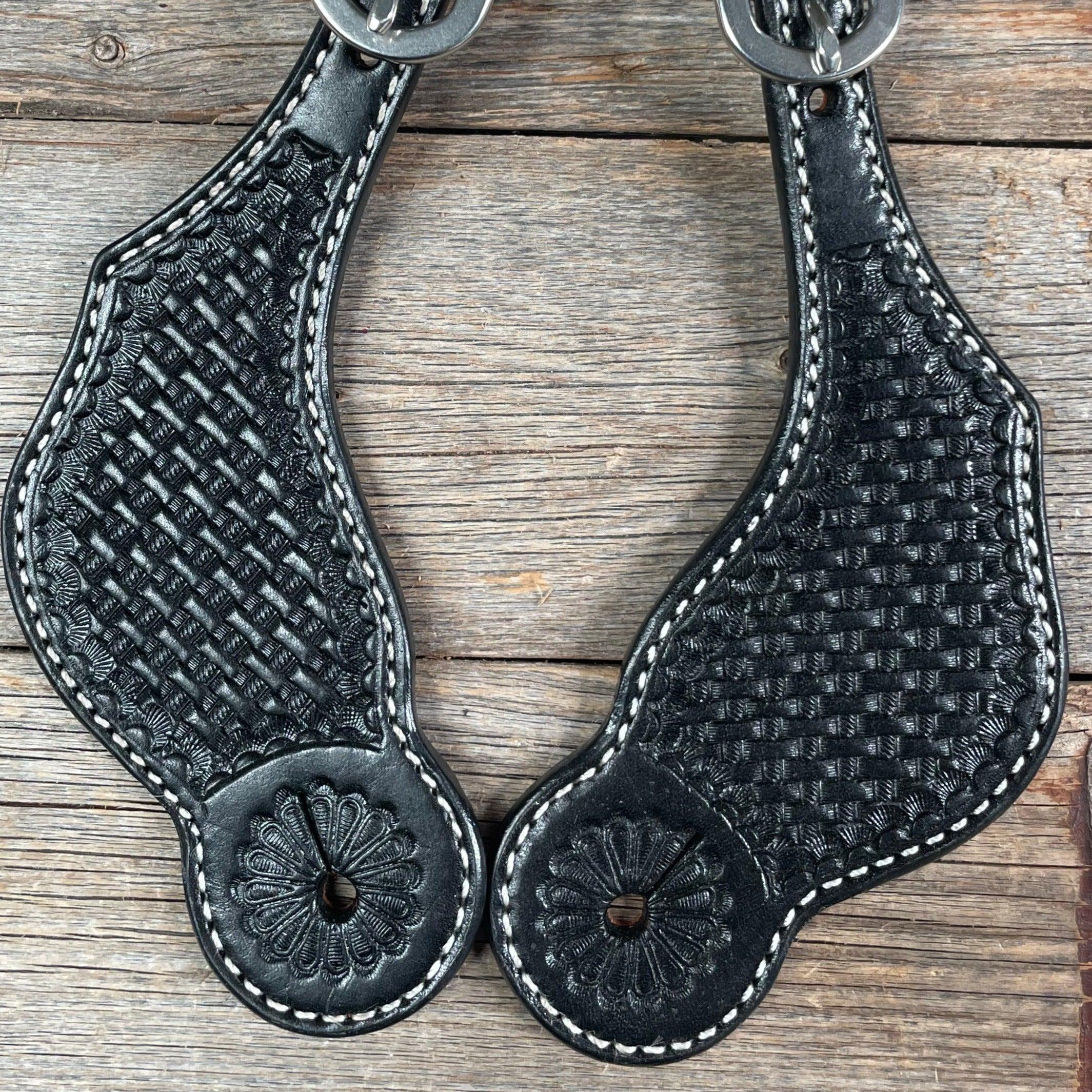 Black Genuine Leather Basketweave Tooled Spur Straps — view 2