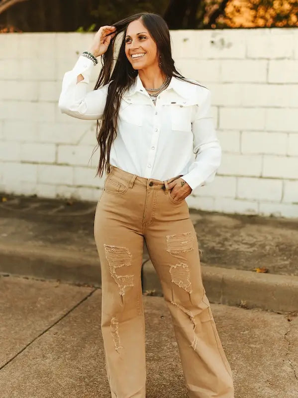 Nellie Camel Distressed Wide Leg | Jeans — view 4