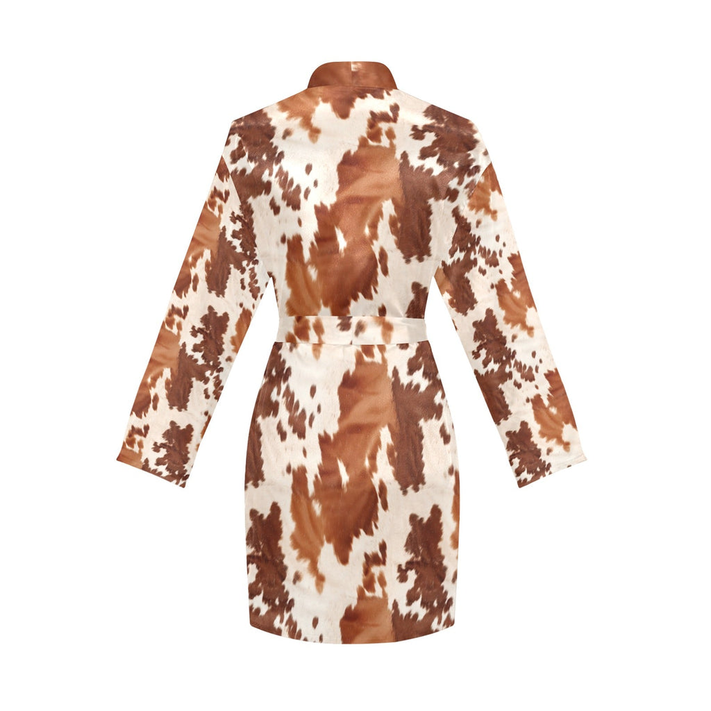Baha Ranch Light Brown Cow Print Women's Long Sleeve Belted Satin Feel Dressing Lounge Robe by Baha Ranch Western Wear -...