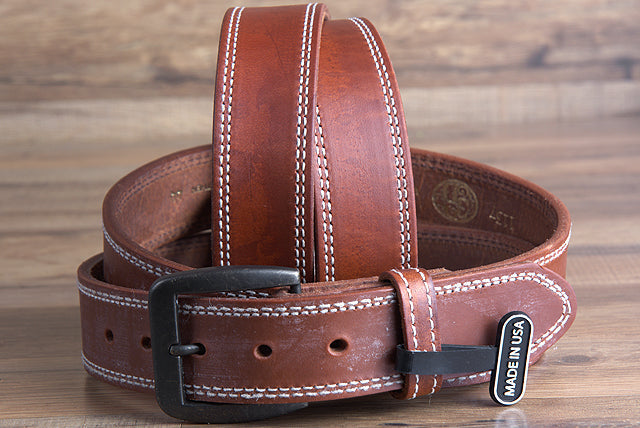 32 Inch 3D Brown Mens Leather Stitched Basic Belt Brass Buckle