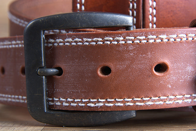 32 Inch 3D Brown Mens Leather Stitched Basic Belt Brass Buckle
