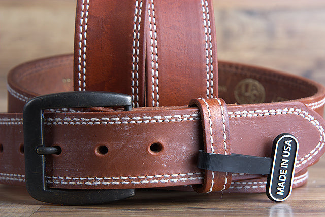 32 Inch 3D Brown Mens Leather Stitched Basic Belt Brass Buckle