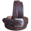 Mens M&F Western Distressed Brown Croc Print Leather Belt Engraved Silver Buckle