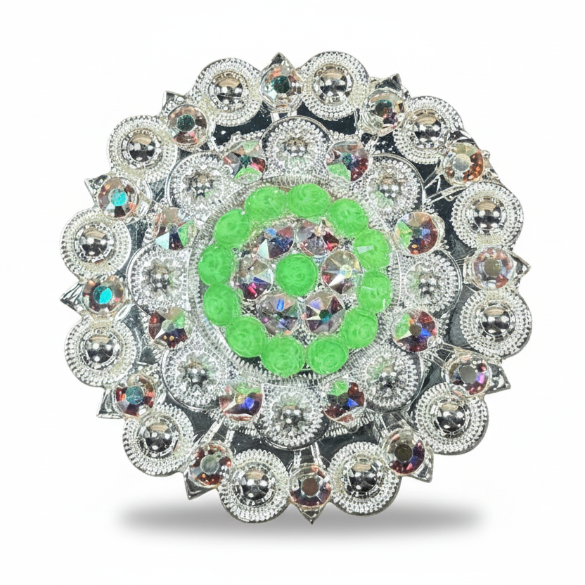 Bright Silver Neon Green - AB Crystal Conchos | Sizes 1"- 3" | Buckles | Saddle Set | Leather Rosettes | Slide — view 5